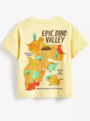 Yellow cotton t-shirt with a dinosaur valley map graphic and text.