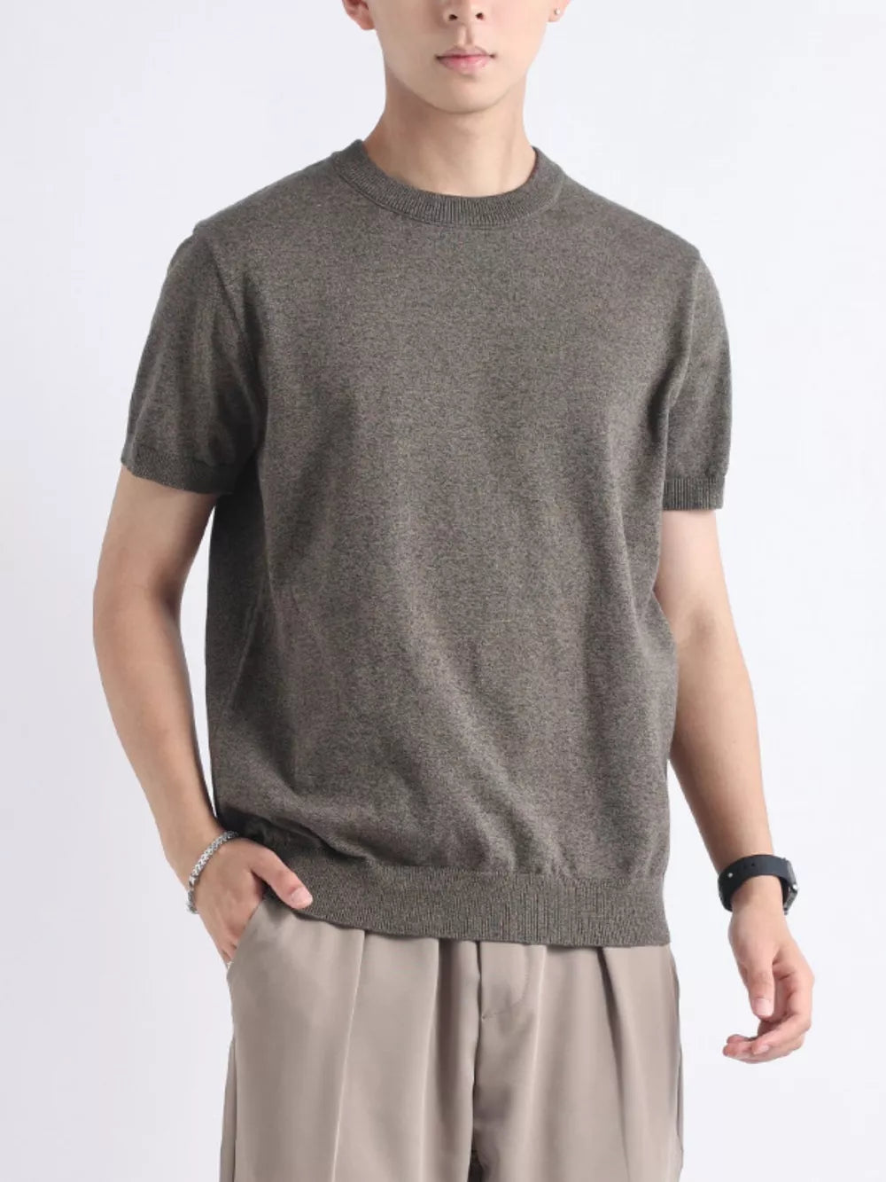 Men's short sleeve knit t-shirt in Flower Charcoal Gray with crew neck and ribbed hem.