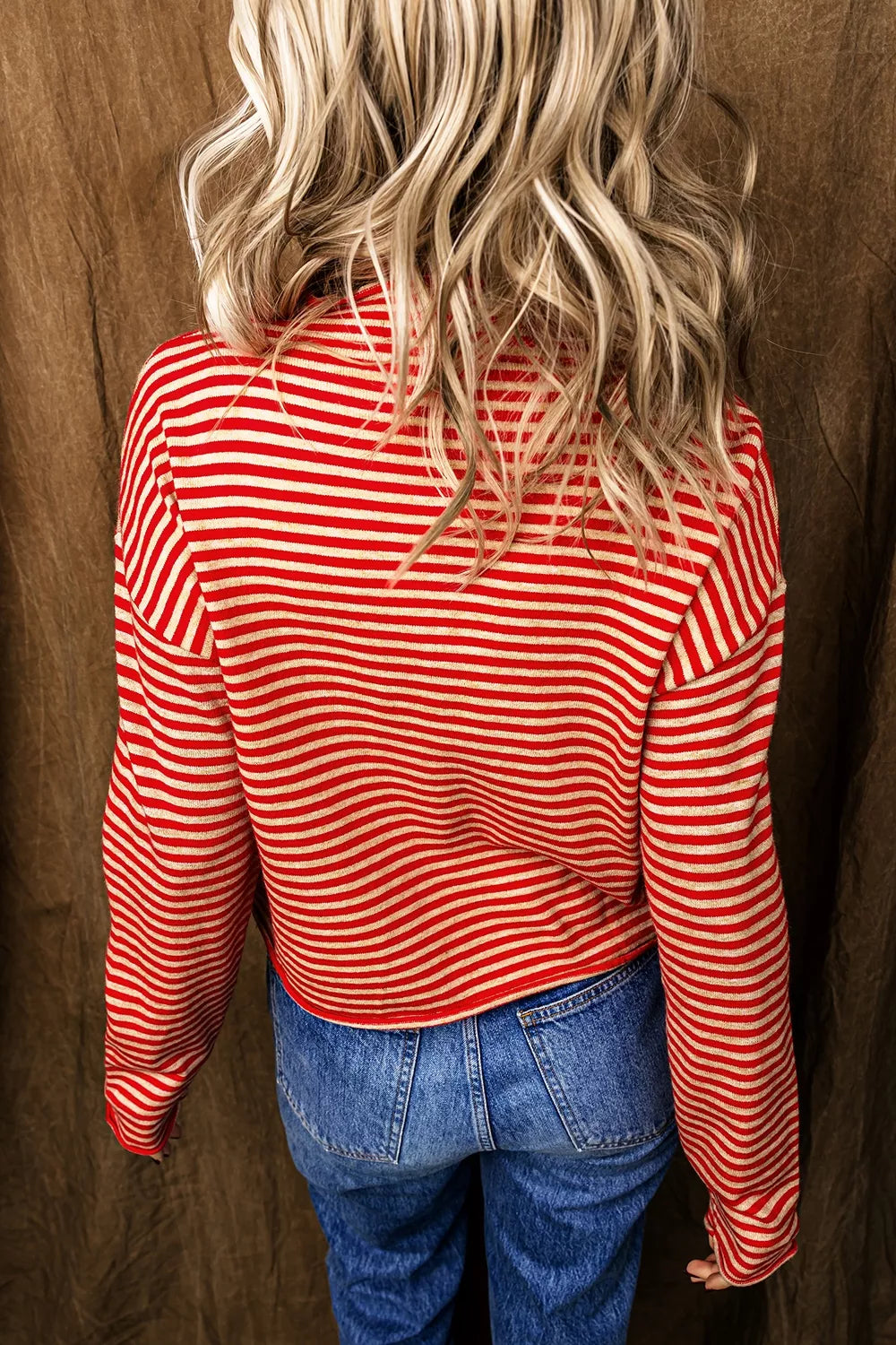 Striped Button Collar Long Sleeve Cardigan in Scarlet, close-up detail