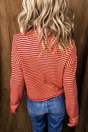 Striped Button Collar Long Sleeve Cardigan in Scarlet, close-up detail