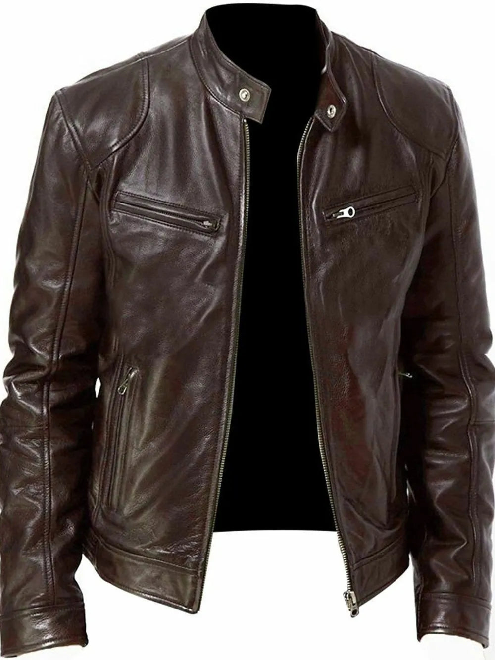 Men's brown faux leather biker jacket with zip pockets and snap collar.