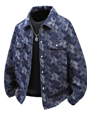 Men's Geometric Patterned Denim Jacket in Black, fabric detail