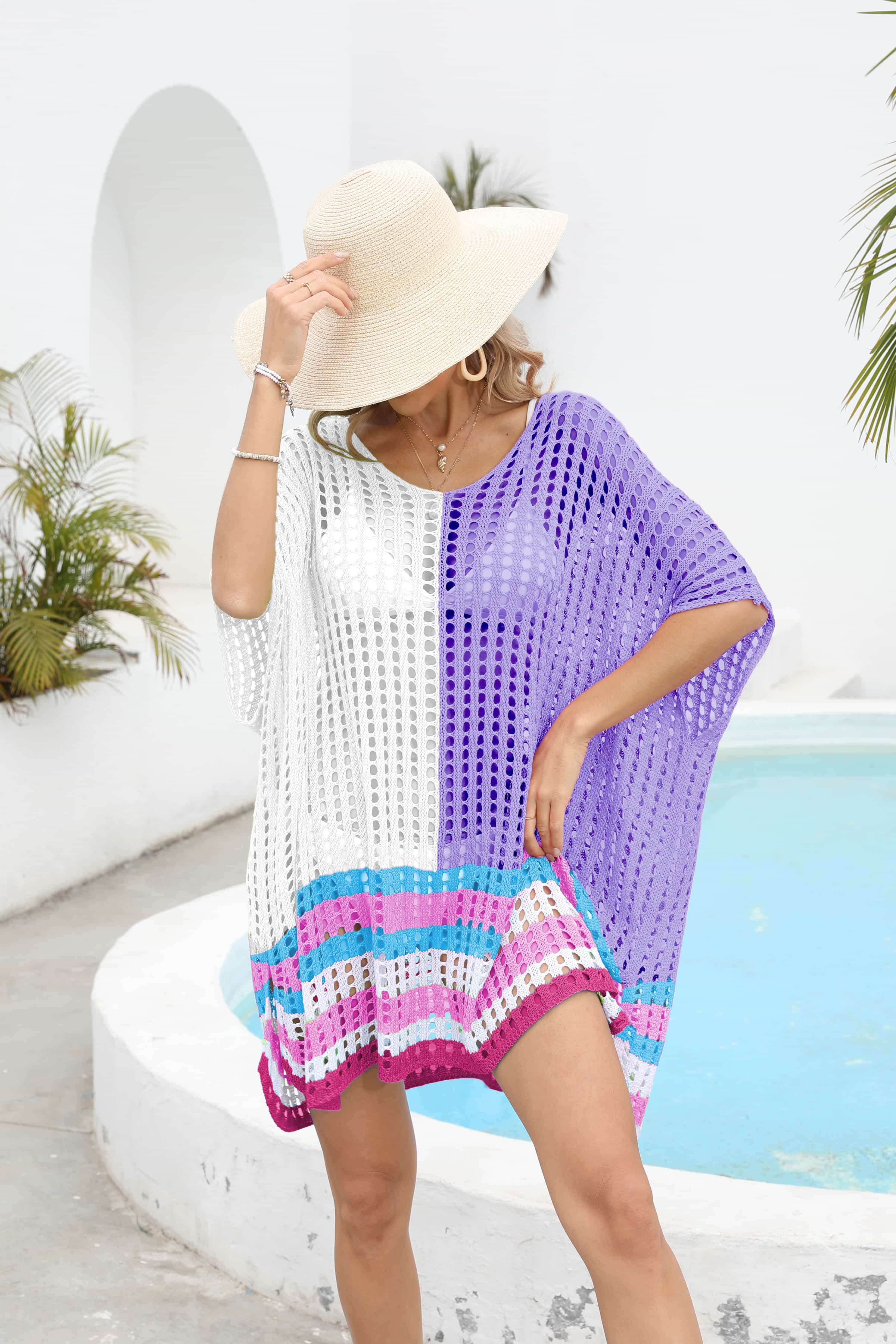 White and purple mesh cover-up with striped hem and scoop neck.