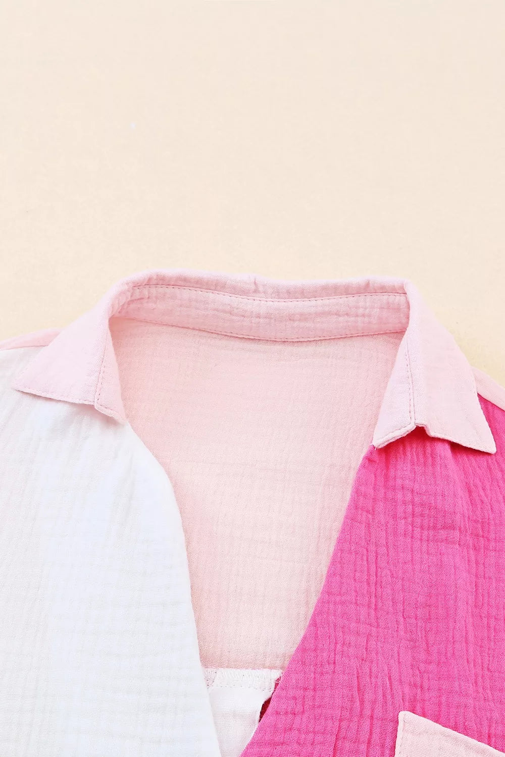 Cotton color block casual shirt with button-down collar in pink and white.