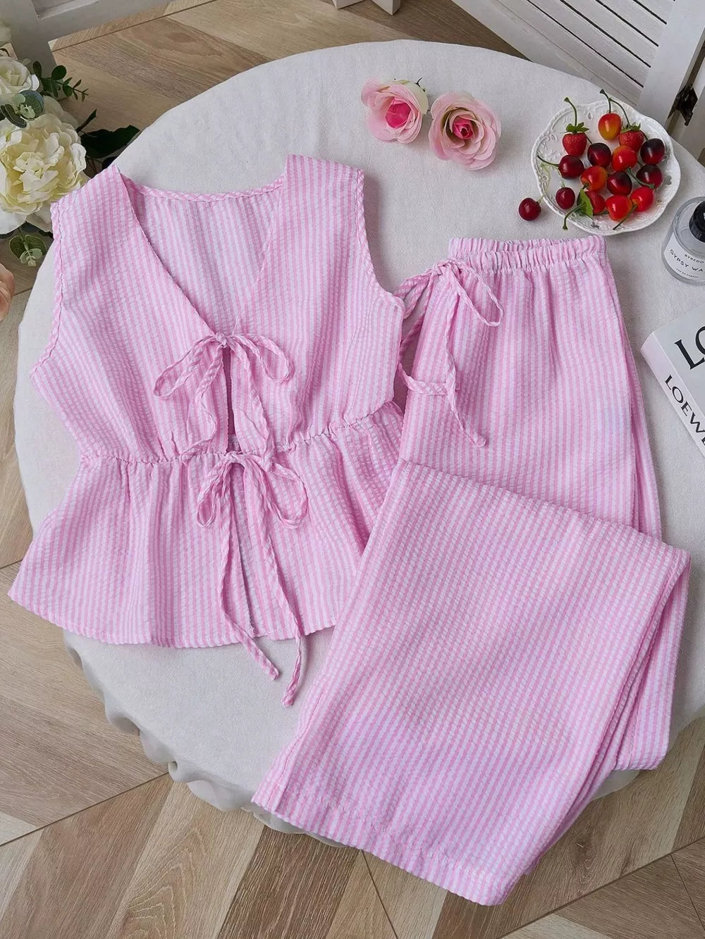 Striped Tie-front Sleeveless Top And Pants Set, fit detail