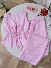 Striped Tie-front Sleeveless Top And Pants Set, fit detail