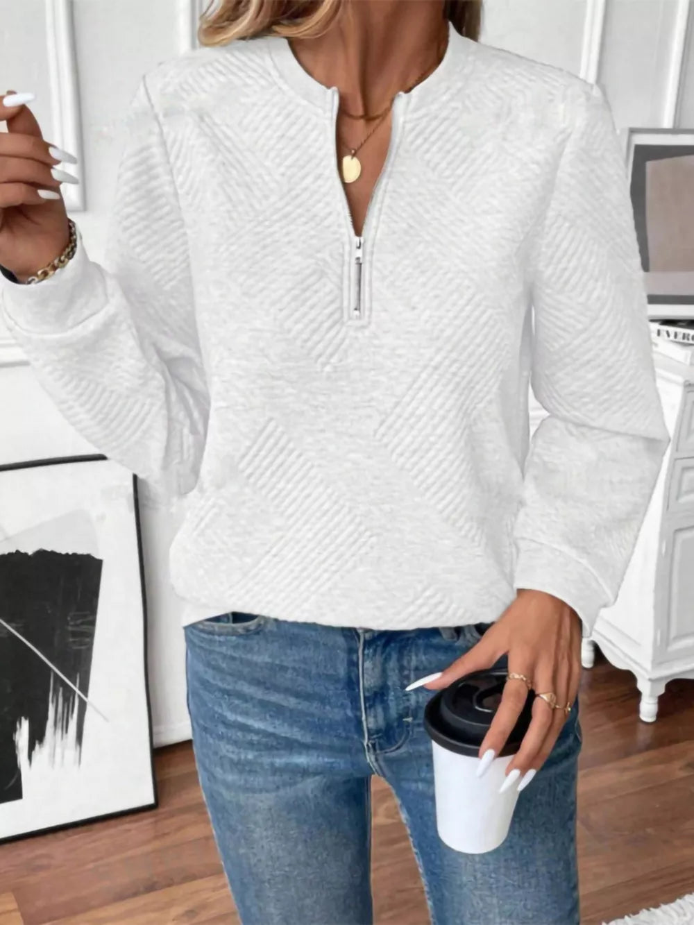 Textured Quarter-zip Sweatshirt in Black, view 13