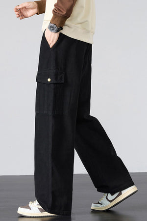 Black relaxed fit cargo sweatpants with a single button-flap cargo pocket on the left leg.