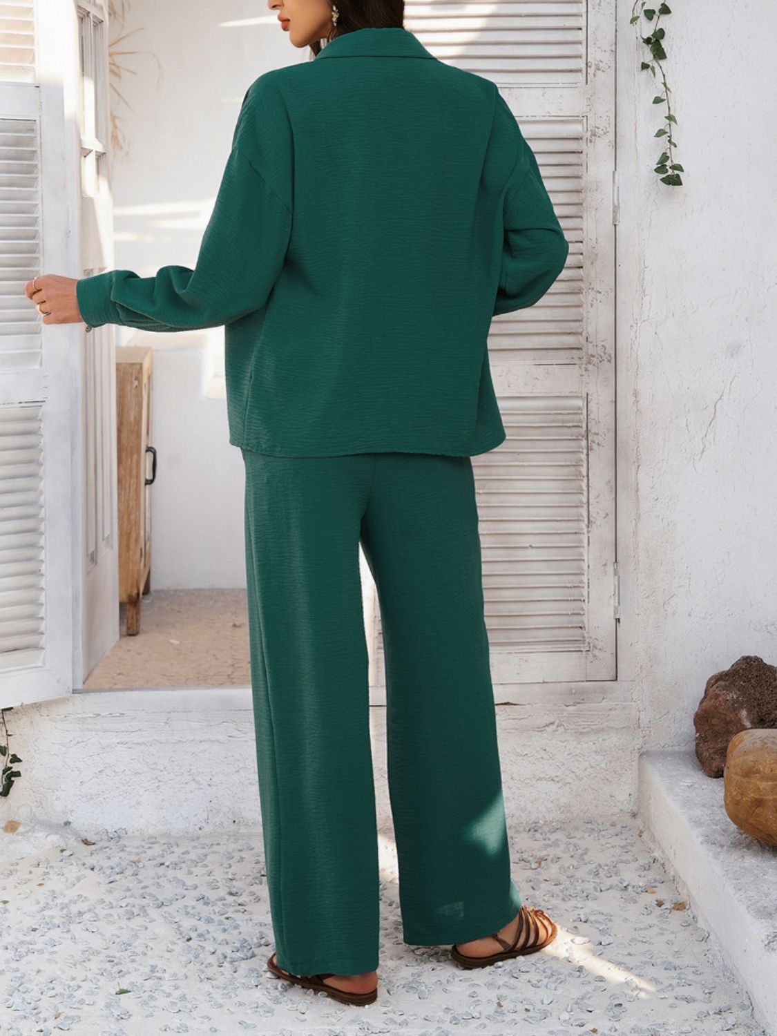 Dark green textured resort shirt and wide leg pants set