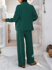Dark green textured resort shirt and wide leg pants set
