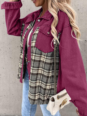 Burgundy denim jacket with plaid paneling and button details