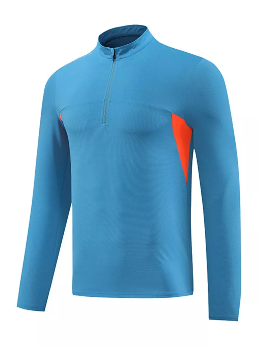 Men's blue long sleeve activewear tee with quarter zip and orange accents.