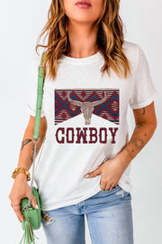 White graphic t-shirt with cowboy skull and geometric pattern, casual fit