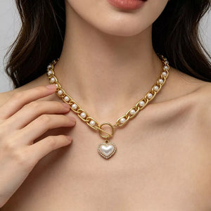 Chunky Pearl And Heart Pendant 18k Gold-plated Necklace in Gold, front view