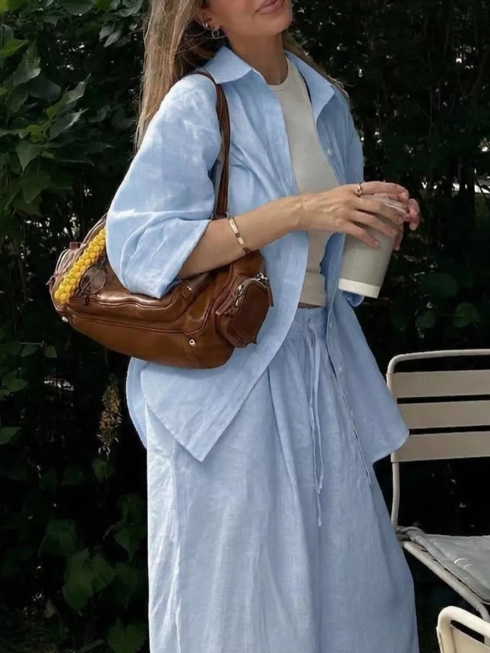 Button Up Shirt And Drawstring Pants Set in Apricot, close-up detail