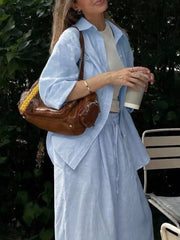 Button Up Shirt And Drawstring Pants Set in Apricot, close-up detail