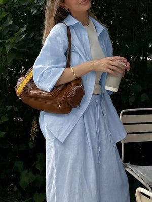 Button Up Shirt And Drawstring Pants Set in Apricot, close-up detail