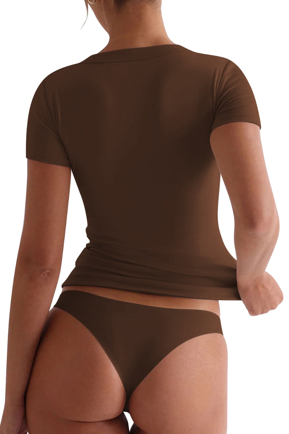 Brown V-neck second-skin tee with short sleeves, shown from the back.