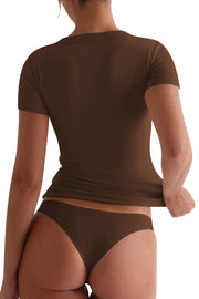 Brown V-neck second-skin tee with short sleeves, shown from the back.