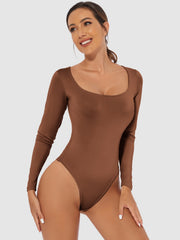 Brown second-skin bodysuit with square neckline and long sleeves.