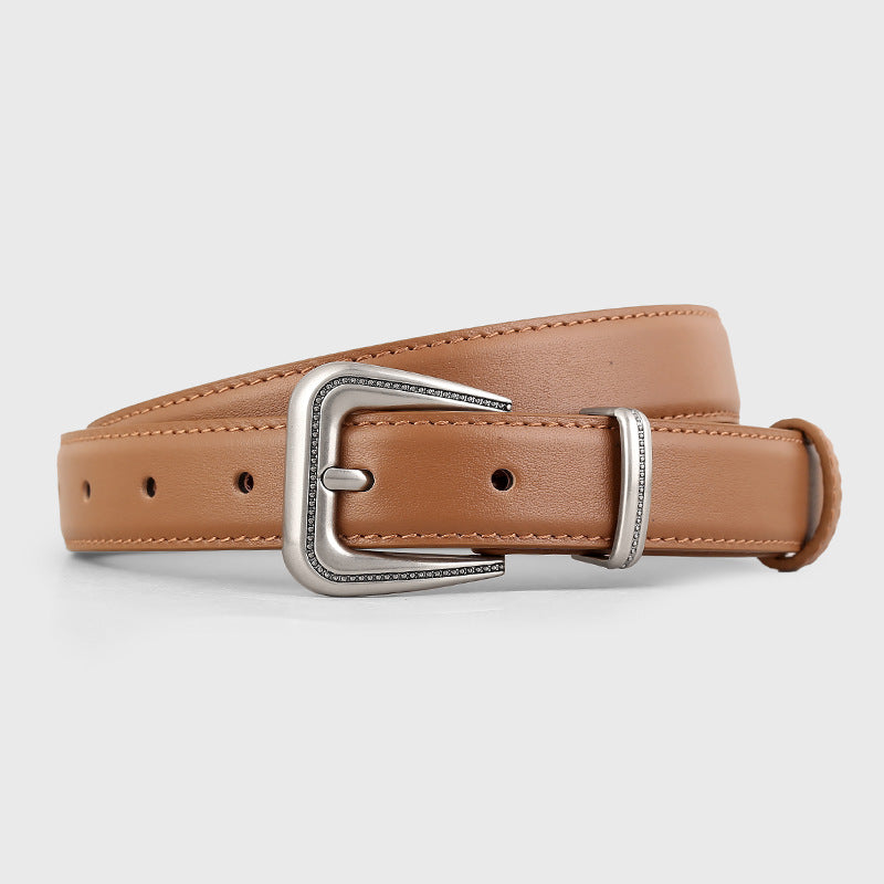 Brown cowhide leather belt with decorative silver buckle and keeper loop