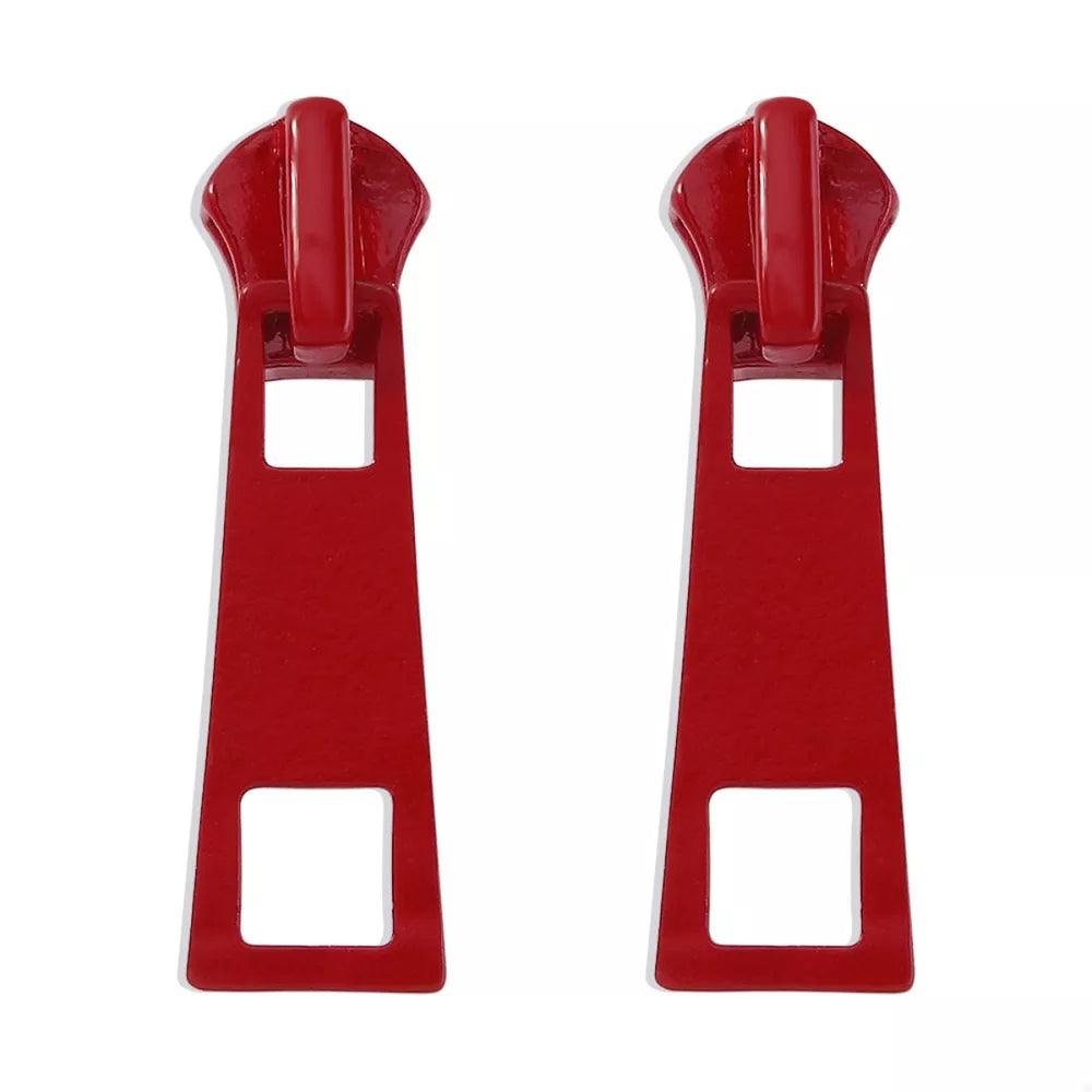 Red zipper drop earrings with square cutouts, made of alloy.