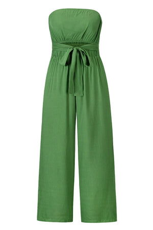 Green bandeau tie-waist wide-leg jumpsuit with a cinched waist and flowy pants.