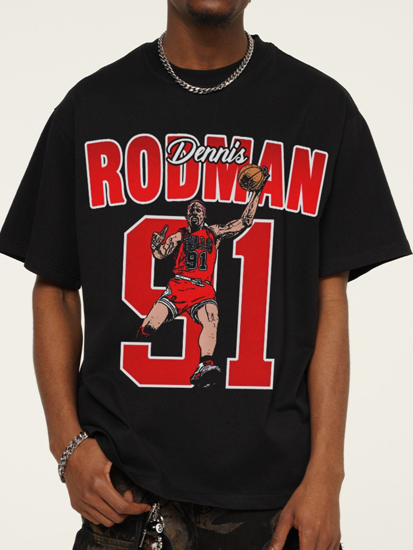 Black cotton t-shirt with Dennis Rodman graphic and number 91.