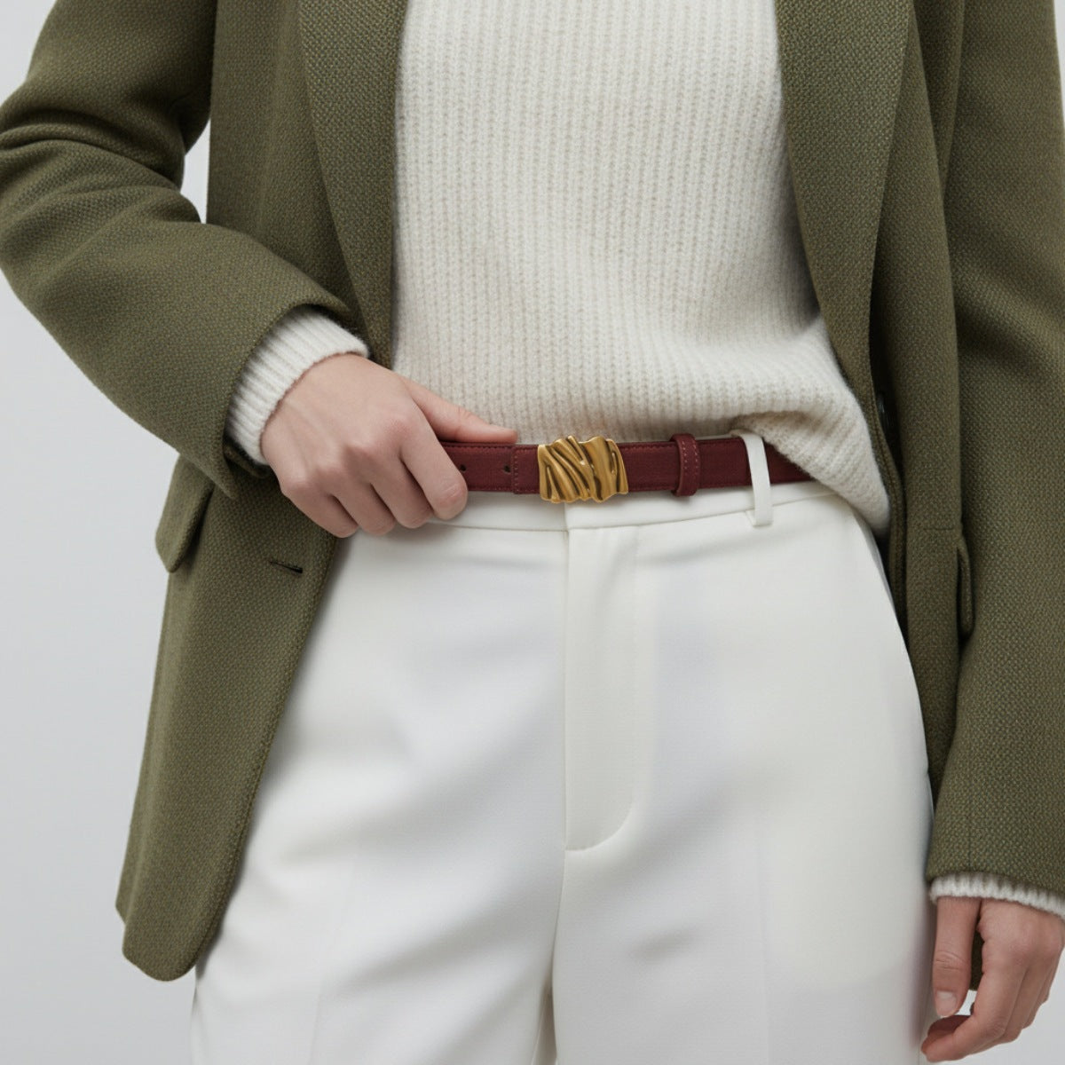 Red cowhide leather belt with abstract gold buckle