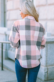 Oversized shacket in blush pink and gray plaid with button-down front.