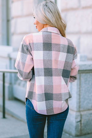 Oversized shacket in blush pink and gray plaid with button-down front.