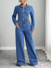 Button Front Long Sleeve Denim Jumpsuit, close-up detail