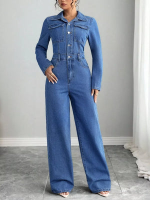Button Front Long Sleeve Denim Jumpsuit, close-up detail