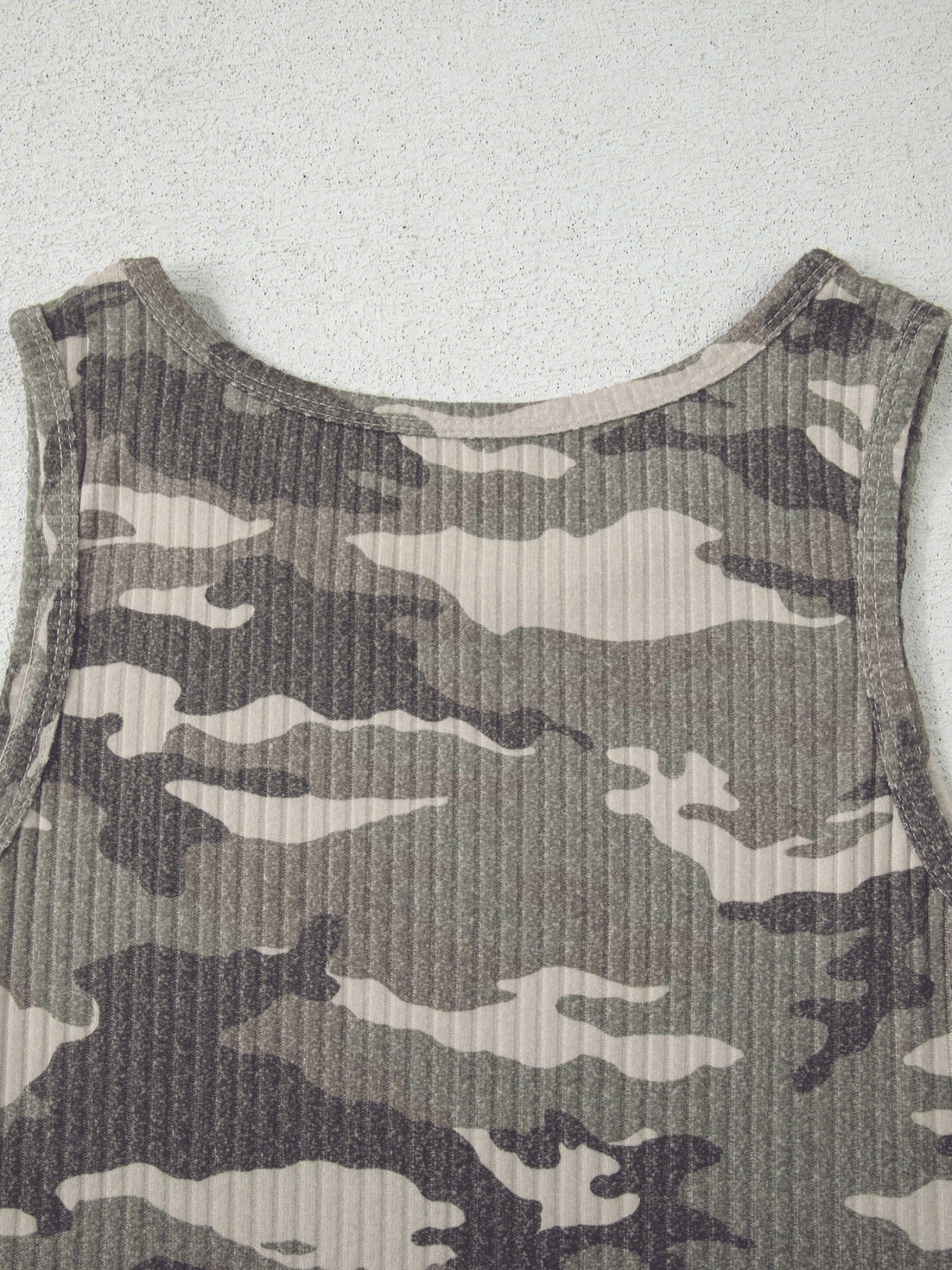 Ribbed knit camouflage tank top in army green and gray with a scoop neckline.