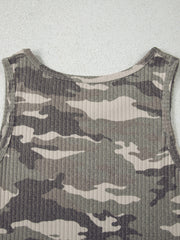 Ribbed knit camouflage tank top in army green and gray with a scoop neckline.