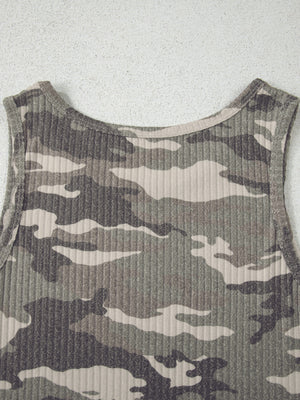 Ribbed knit camouflage tank top in army green and gray with a scoop neckline.
