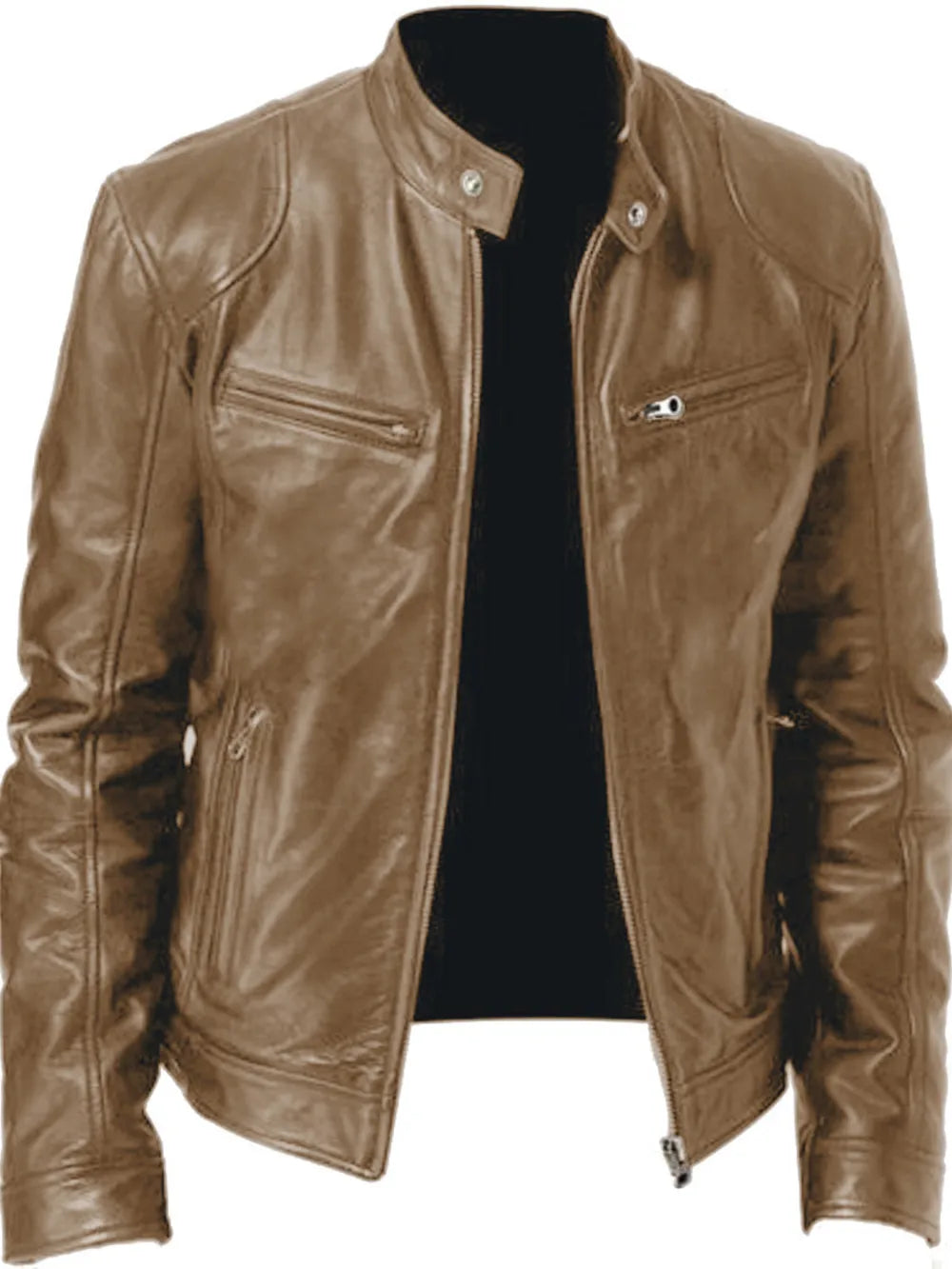 Brown faux leather biker jacket for men with zip pockets and stand collar.