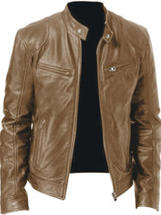 Brown faux leather biker jacket for men with zip pockets and stand collar.
