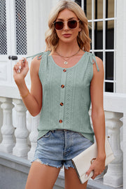 Sage eyelet button-down tank top with tie shoulders and scoop neck