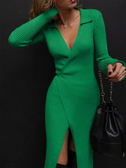 Green ribbed knit midi dress with wrap front, collared neckline, and long sleeves.
