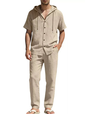 Men's Khaki Linen Blend Hooded Top and Pants Ensemble