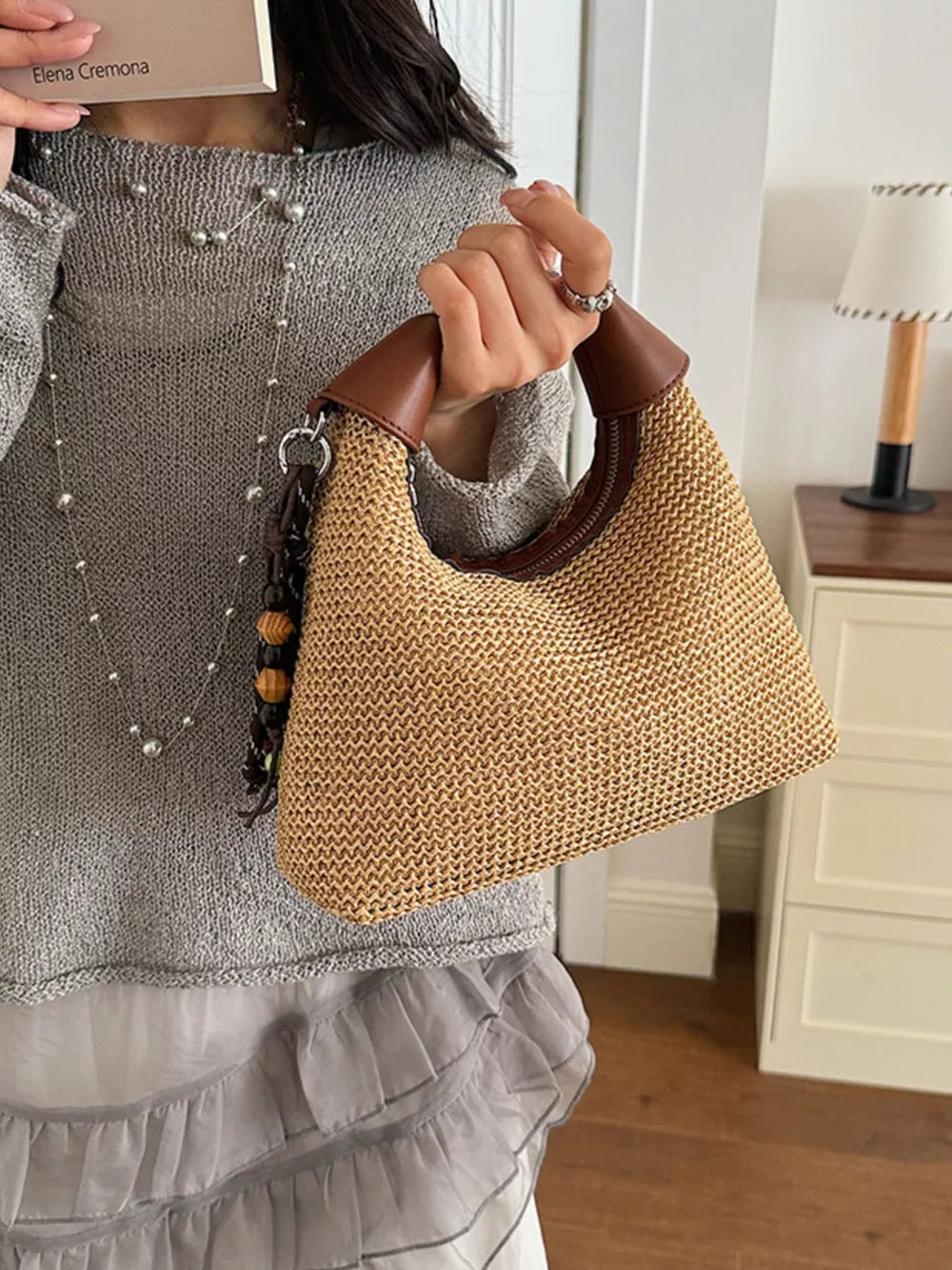 Woven Straw Crossbody Bag in Brown, front view