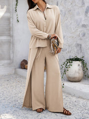 Tan split-front palazzo and button-down set with adjustable waist and drawstring pants.