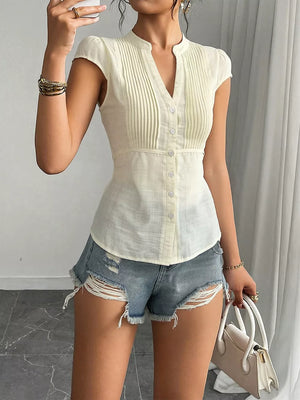 Cream v-neck cap sleeve maternity overshirt with pintuck detail and buttons