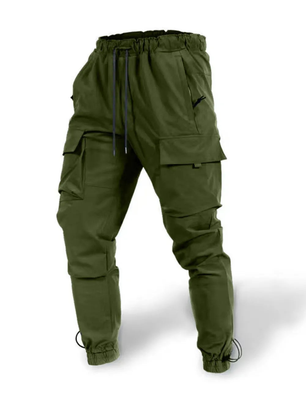 Army green cargo joggers with drawstring waist and ankle cuffs.
