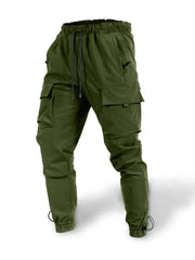 Army green cargo joggers with drawstring waist and ankle cuffs.