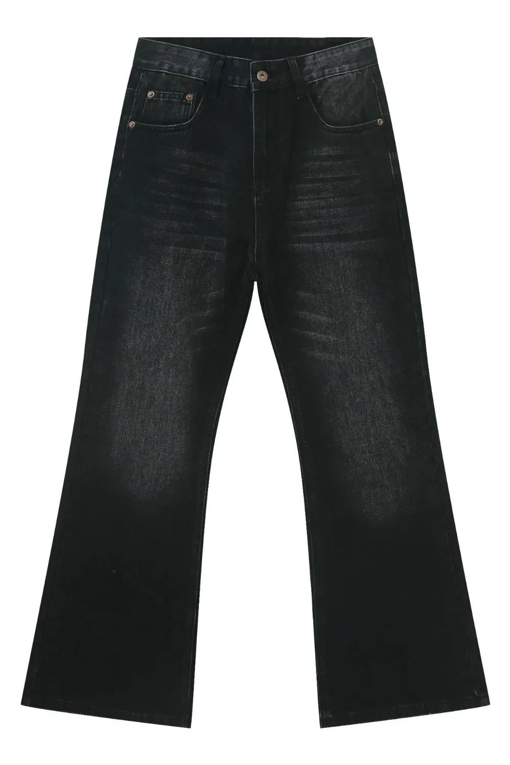 Black faded flare denim jeans with a casual, chic style.