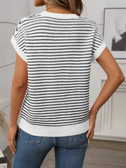 White and black horizontal stripe knit shell top with short sleeves and crew neck.