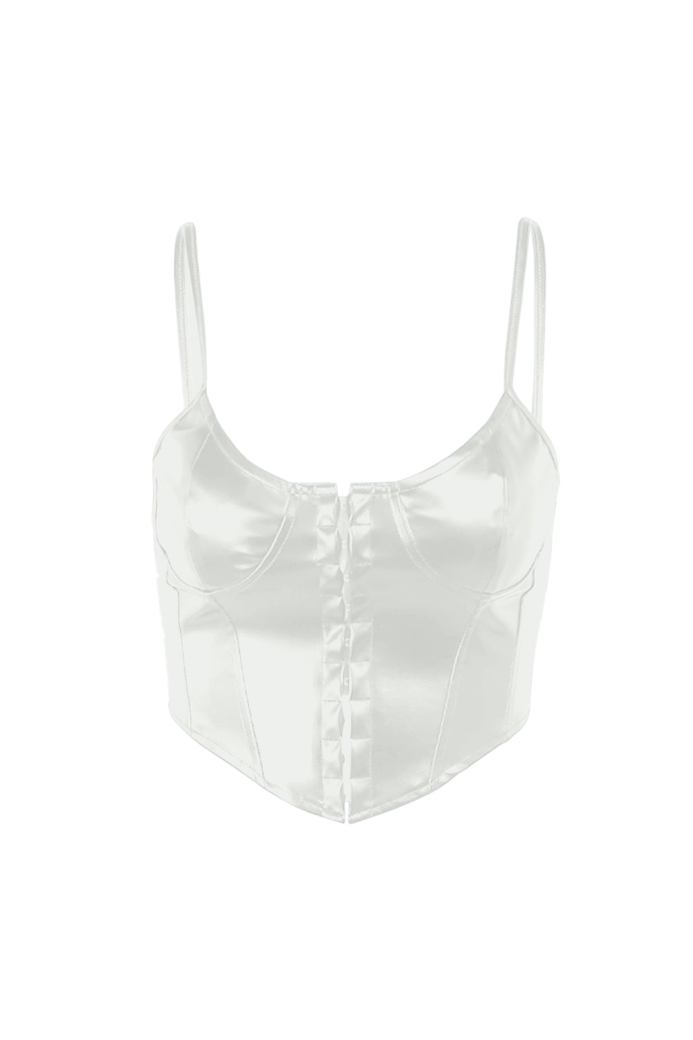 White faux leather corset cami top with button front detail and adjustable straps.