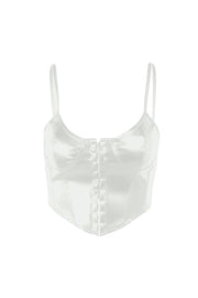White faux leather corset cami top with button front detail and adjustable straps.